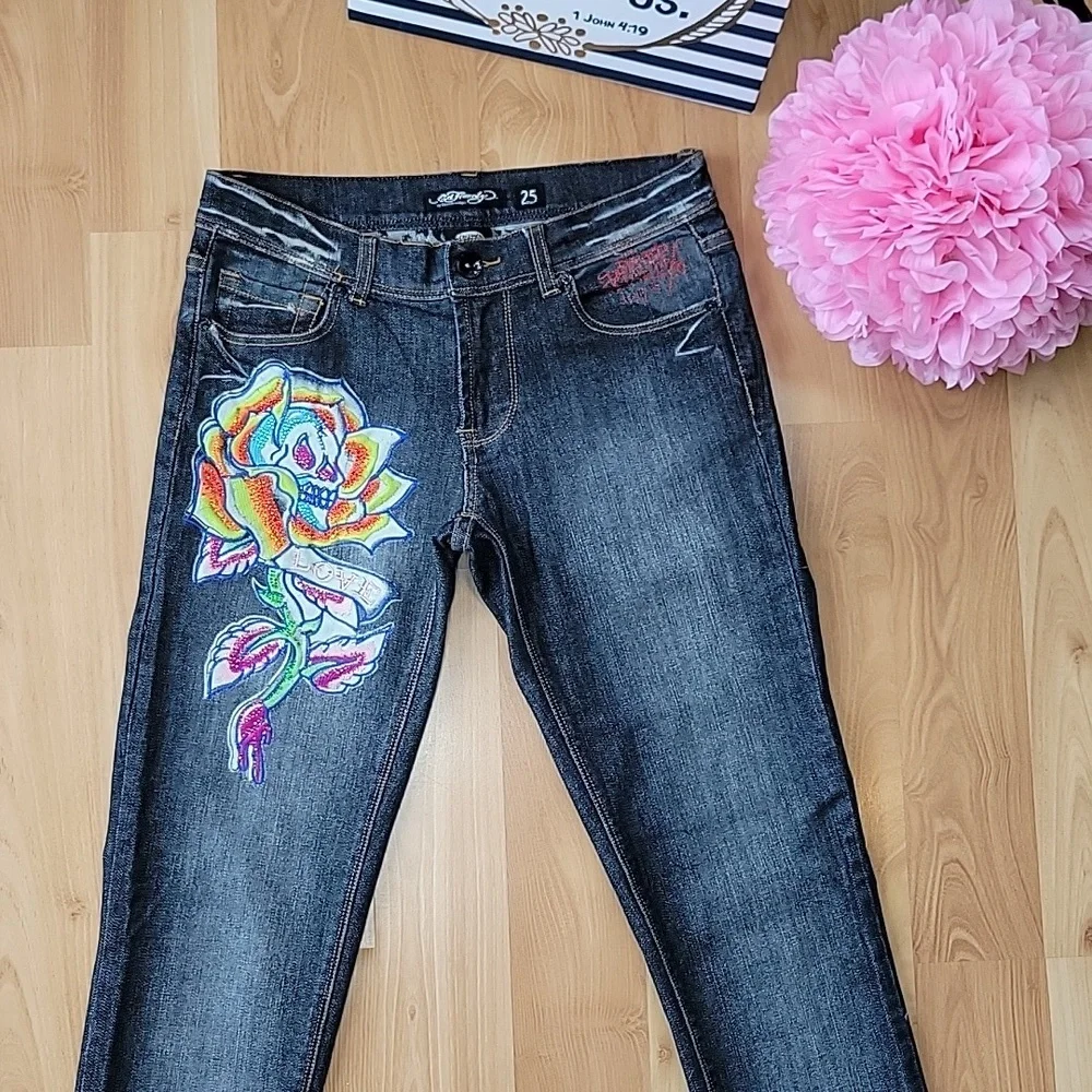 Ed Hardy by Christian Audigier Embroidered Tattoo Raw Hem Jeans - Picture 3 of 12